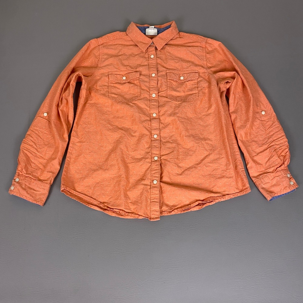 St. Johns Bay Button Up Shirt Women's Medium Orange Polka Dot Roll Tab *Flawed*